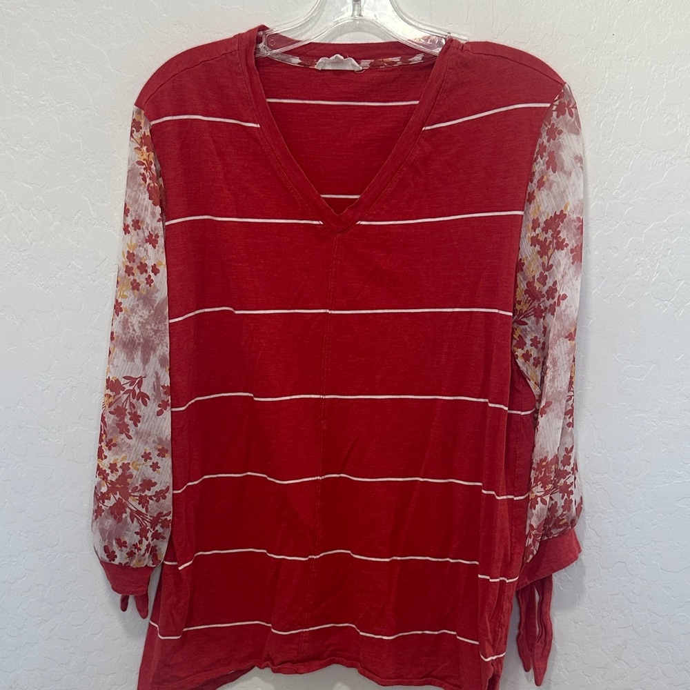 Westbound Red Striped Floral Top Women's blouse stripe floral sheer sleeves XL
